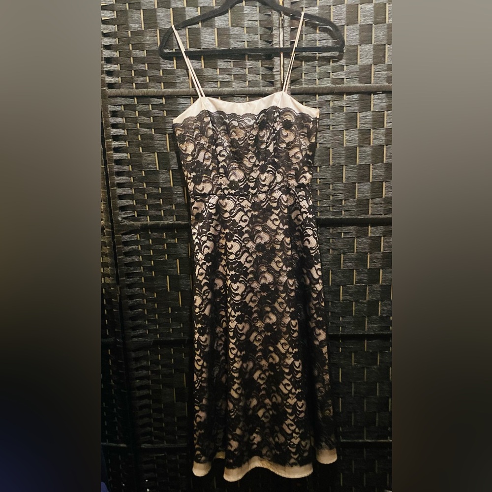 White House Black Market Black Lace Silver Satin A line dress in Size 2